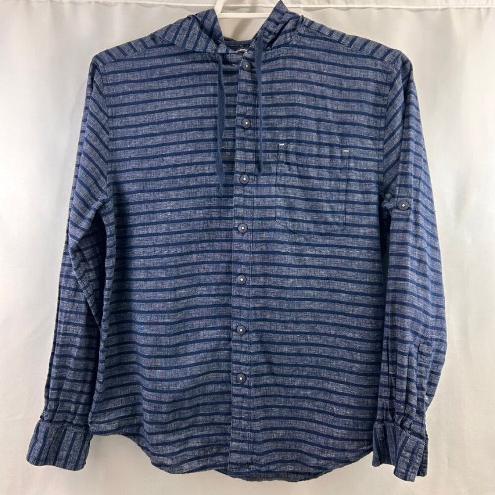 Washable Linen Beach Poncho Shirt Hoodie Blue Striped Shirt Size Small